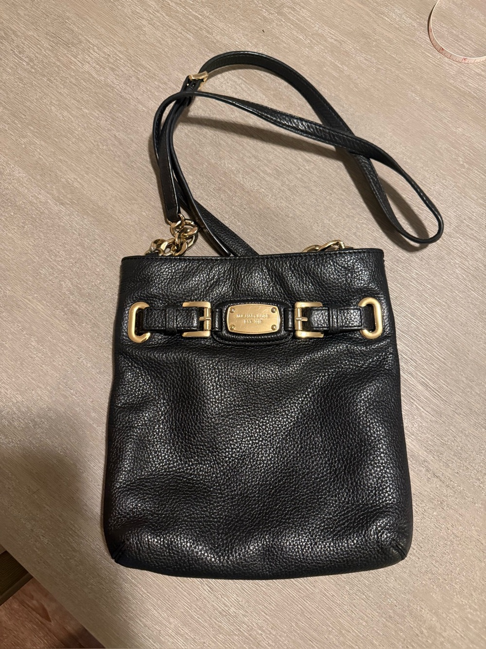 Michael Kors Black Leather Crossbody with Gold Logo Accent